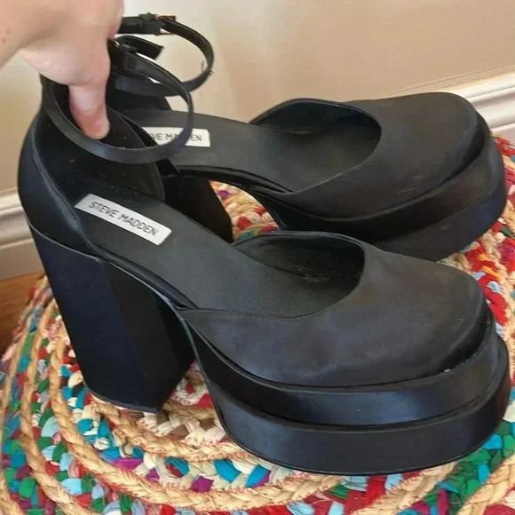 Steve Madden Charlize  black platform satin Maryjane babies heeled pumps shoes - Picture 1 of 10